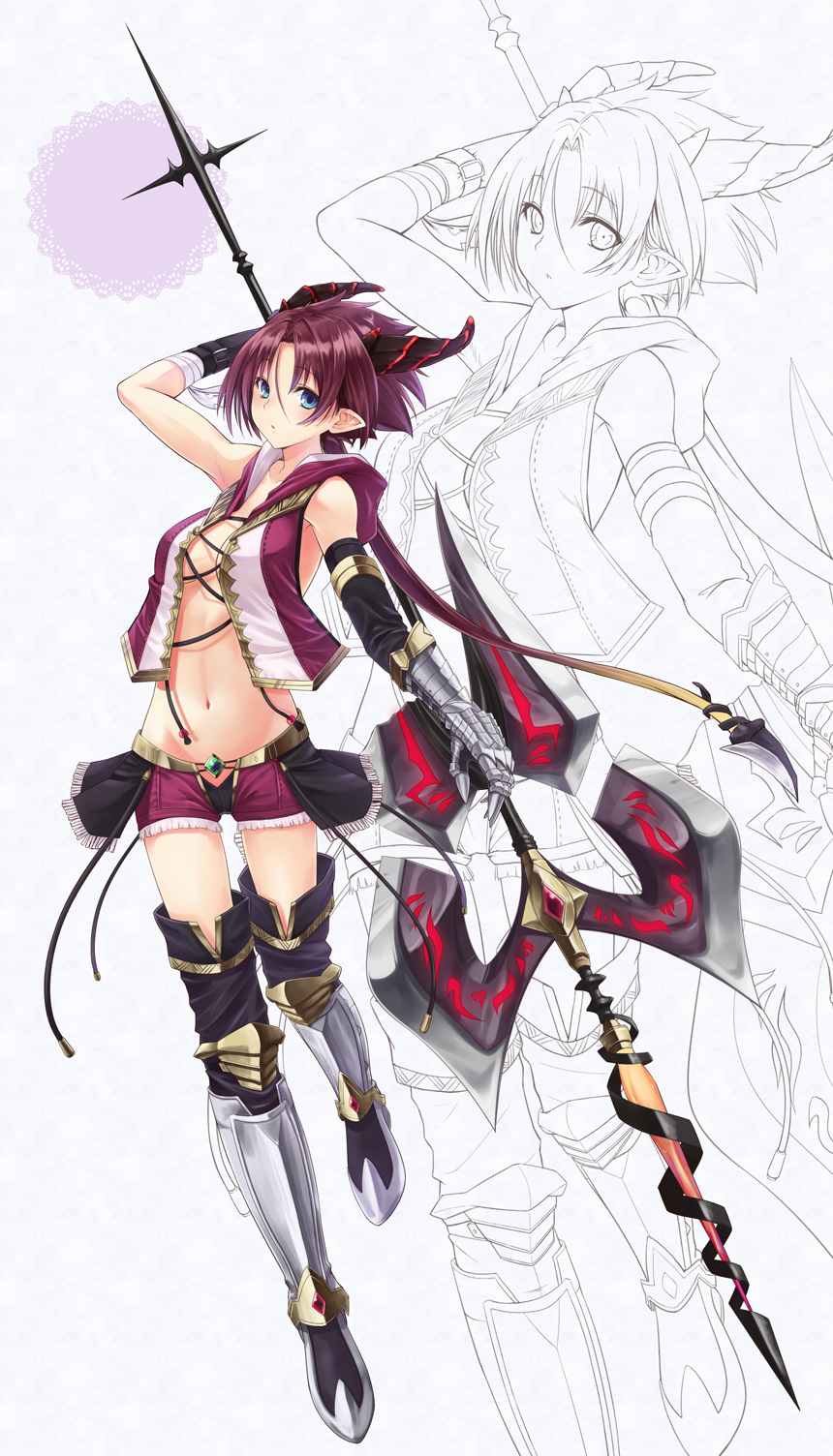 arm_up, bandage, bandages, bare_shoulders, black_gloves, black_legwear, blue_eyes, breasts