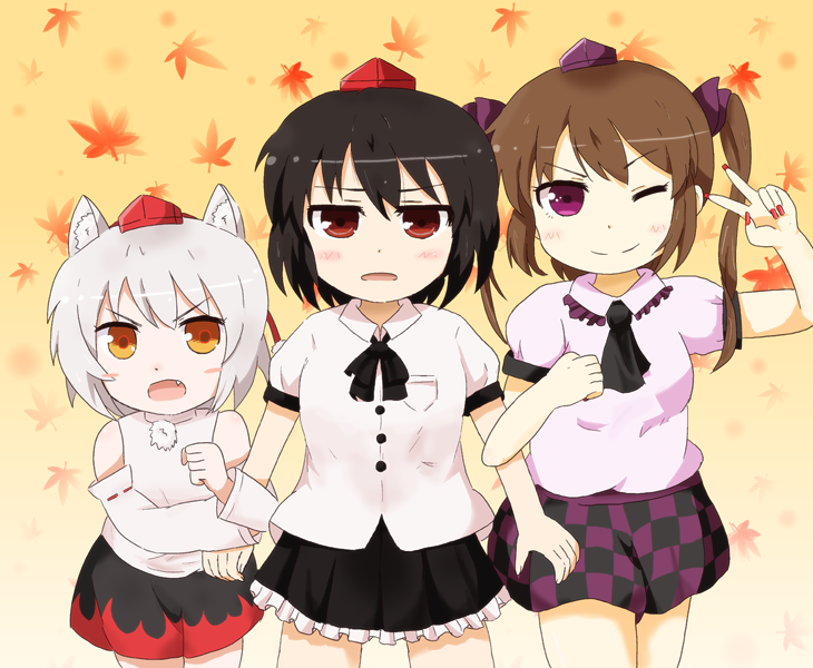 animal_ears, black_hair, brown_hair, hat, himekaidou_hatate, inubashiri_momiji, kimineri, multiple_girls