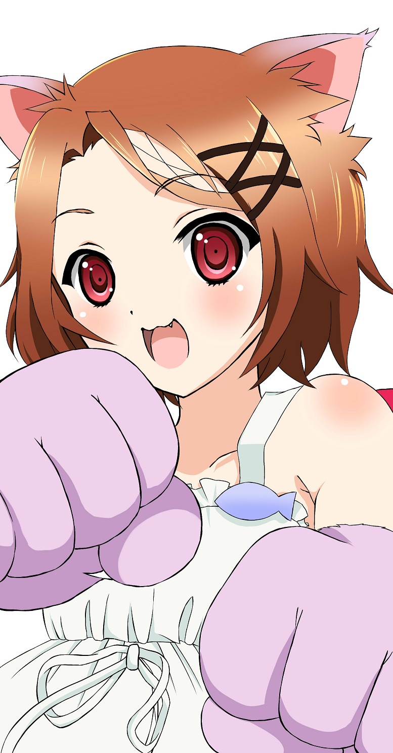 accel_world, animal_ears, annyuiusagi, bare_shoulders, blush, brown_hair, cat_ears, fang, fish, hair_ribbon, highres, kurashima_chiyuri, open_mouth, paws, red_eyes, ribbon, ringed_eyes, short_hair, solo, white_background