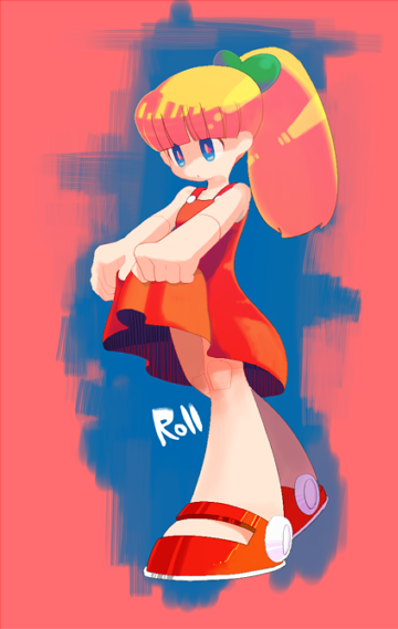 bare_shoulders, blonde_hair, blue_eyes, capcom, character_name, doll_joints, dress, dress_lift, hair_ribbon, high_ponytail, long_hair, murayama_(mrym17), red_dress, ribbon, rockman, rockman_(classic), roll, sleeveless, solo