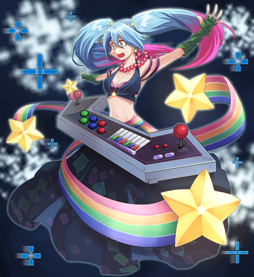 absurdres, alternate_costume, armpits, bandeau, blue_eyes, blue_hair, bra, breasts, cleavage, collarbone, controller, earrings, etwahl, fingerless_gloves, fingernails, game_controller, gloves, gradient_hair, highres, instrument, jewelry, joystick, kimsomi, league_of_legends, long_hair, midriff, multicolored_hair, nail_polish, navel, necklace, open_mouth, pink_hair, purple_bra, skirt, solo, sona_buvelle, star, twintails, underwear