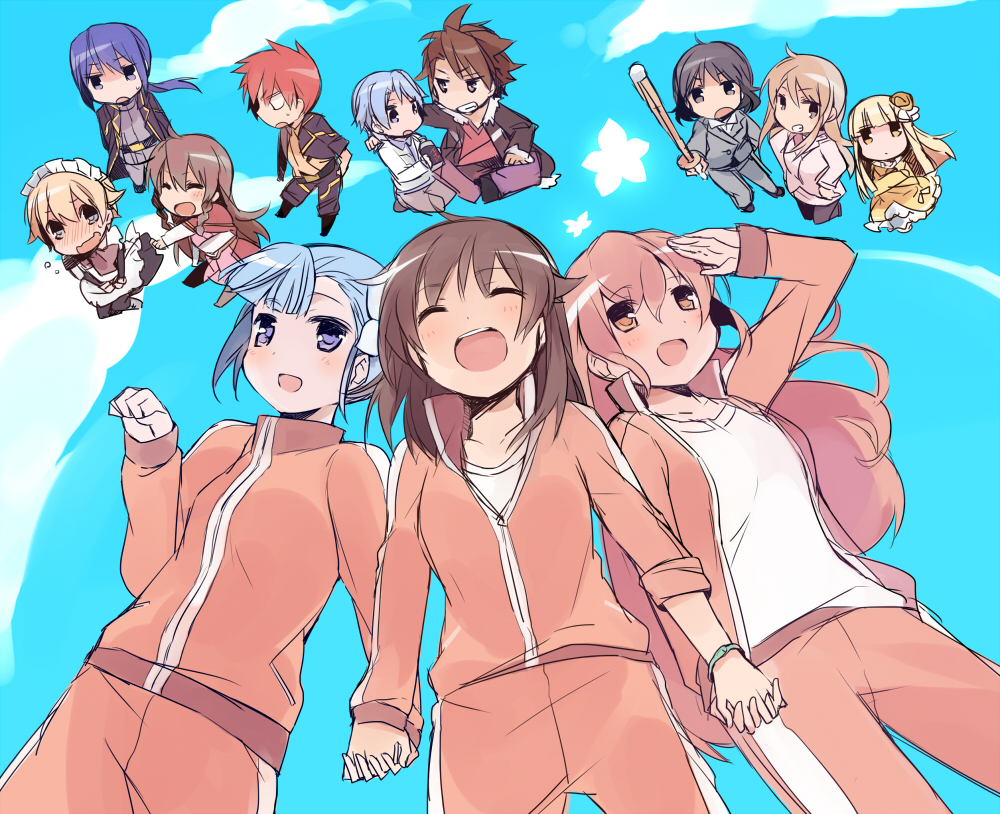 6+girls, array_danon_ci, asteria_lizamarie_de_roschefall, belt, blonde_hair, blue_eyes, blue_hair, bokken, bracelet, braid, brown_eyes, brown_hair, character_request, closed_eyes, cloud, clouds, crossdressinging, de_metrio_lu_villagulio, de_metrio_lu_yurikano, dress, eyes_closed, fin_e_ld_si_dizelmine, fin_e_ld_si_laffinty, flower, formal, grey_eyes, hair_flower, hair_ornament, hand_holding, holding_hands, iwabuchi_machiko, jewelry, kyouno_madoka, lax_lestorine_ha_kirius, long_hair, long_sleeves, maid, maid_headdress, mizuki_(koko_lost), muginami, multiple_boys, multiple_girls, nakaizumi_youko, open_mouth, pants, paw_pose, ponytail, purple_eyes, purple_hair, red_hair, redhead, rinne_no_lagrange, salute, short_hair, sky, sleeves_rolled_up, smile, sofiro_karia_los_izo, suit, sword, track_jacket, track_suit, trap, twin_braids, violet_eyes, weapon, wooden_sword, yellow_eyes