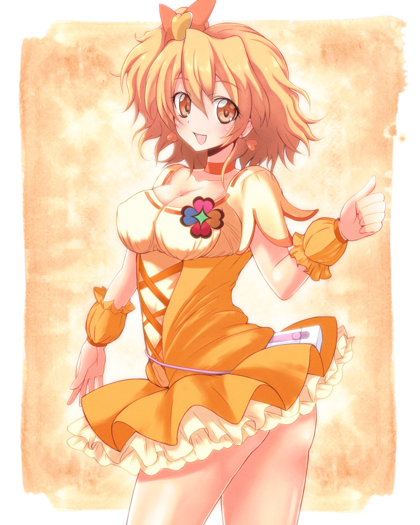 avy417, bow, breasts, brown_eyes, choker, cleavage, cure_pine, dress