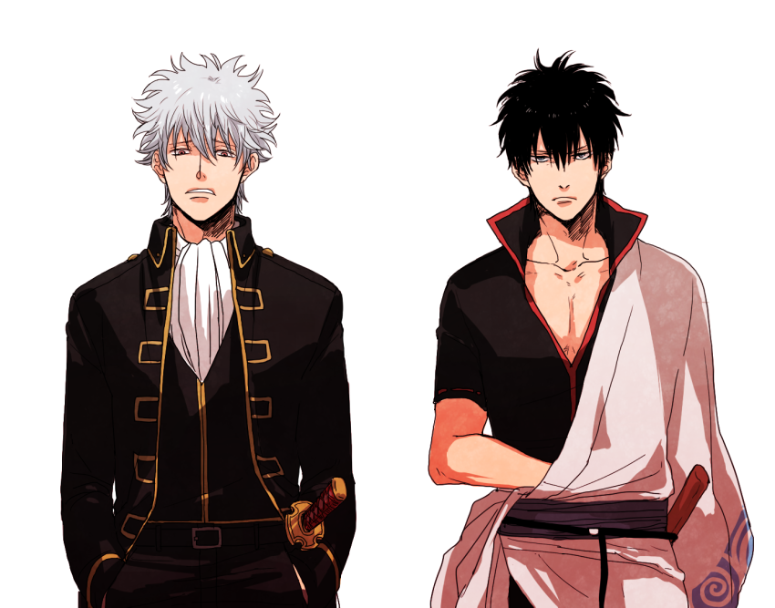 black_eyes, black_hair, cosplay, costume_switch, gintama, hijikata_toushirou, japanese_clothes, military, military_clothing, military_uniform, multiple_boys, red_eyes, sakata_gintoki, shaku_(gekirin), silver_hair, simple_background, toggles, uniform, white_background, white_hair