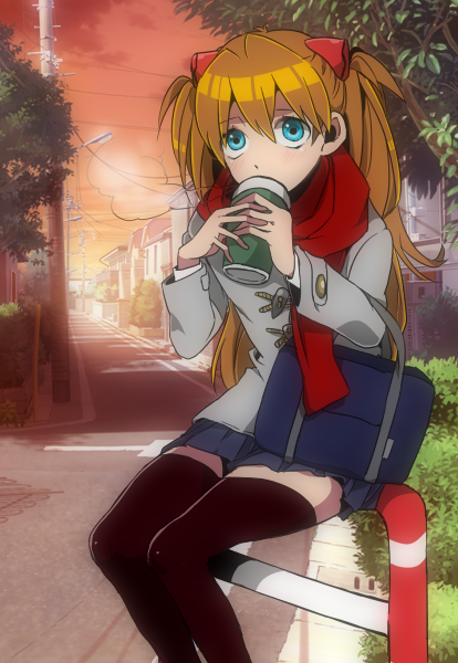 bad_id, bag, blue_eyes, building, canister, coat, drinking, hair_ornament