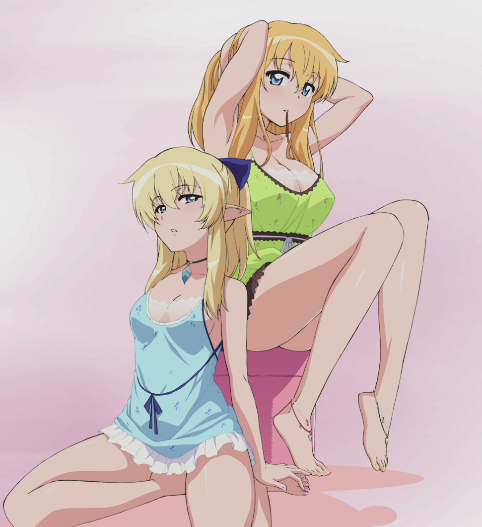 adjusting_hair, anklet, babydoll, barefoot, blonde_hair, blue_eyes, breasts, choker
