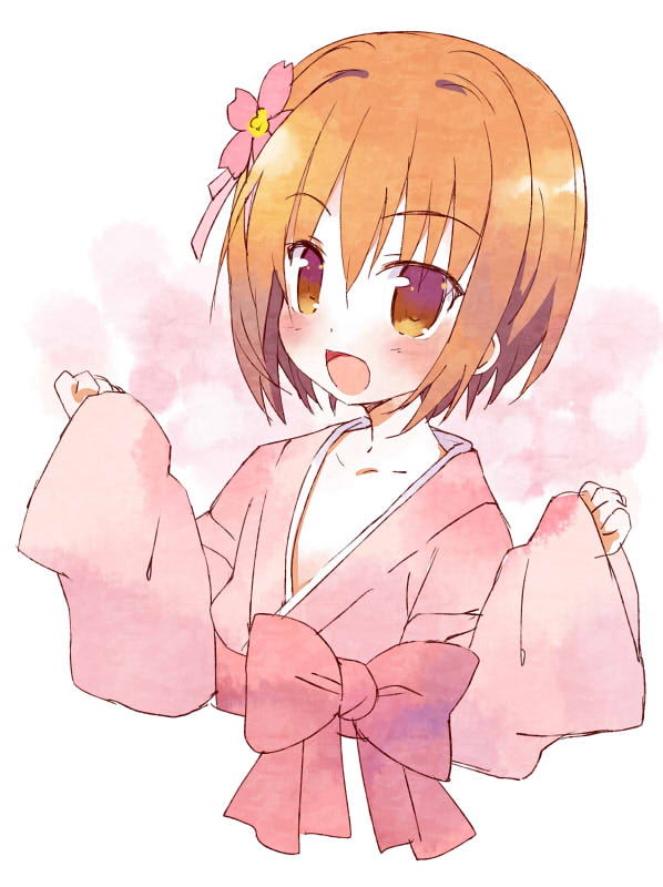 :d, blush, brown_eyes, brown_hair, bust, hair_ornament, japanese_clothes, kimono, meito_(maze), nene_(oda_nobuna_no_yabou), oda_nobuna_no_yabou, open_mouth, short_hair, sketch, smile, solo