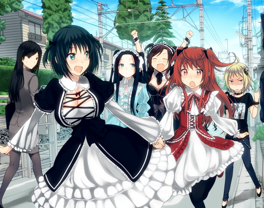 6+girls, :o, \n/, \o/, ahoge, angry, anrakutei_kukuru, arms_up