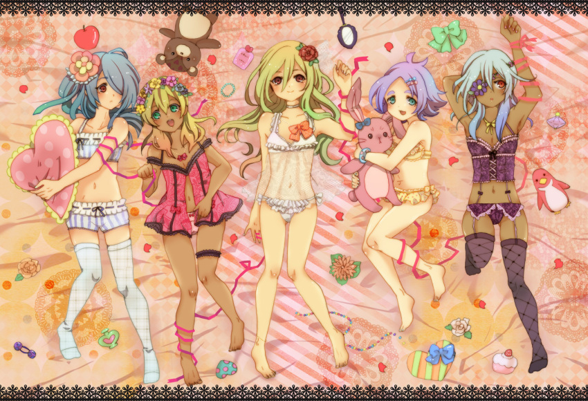 afuro_terumi, anklet, babydoll, barefoot, bed, bird, blonde_hair, blue_eyes, blush, bulge, bunny, bustier, crossdressing, crossdressinging, dark_skin, eyebrows, eyepatch, fishnets, flower, fubuki_shirou, garter, garter_belt, garter_straps, garters, green_eyes, hair_flower, hair_ornament, hairclip, hug, inazuma_eleven, inazuma_eleven_(series), jewelry, kazemaru_ichirouta, lingerie, long_hair, lying, makeup, mirror, miyasaka_ryou, multiple_boys, navel, necklace, on_back, open_mouth, panties, penguin, pillow, red_eyes, ribbon, sakuma_jirou, short_hair, shota, smile, stuffed_animal, stuffed_toy, sudden4-orz, tan, teddy_bear, thigh-highs, thighhighs, trap, underwear, white_hair, white_legwear, white_thighhighs