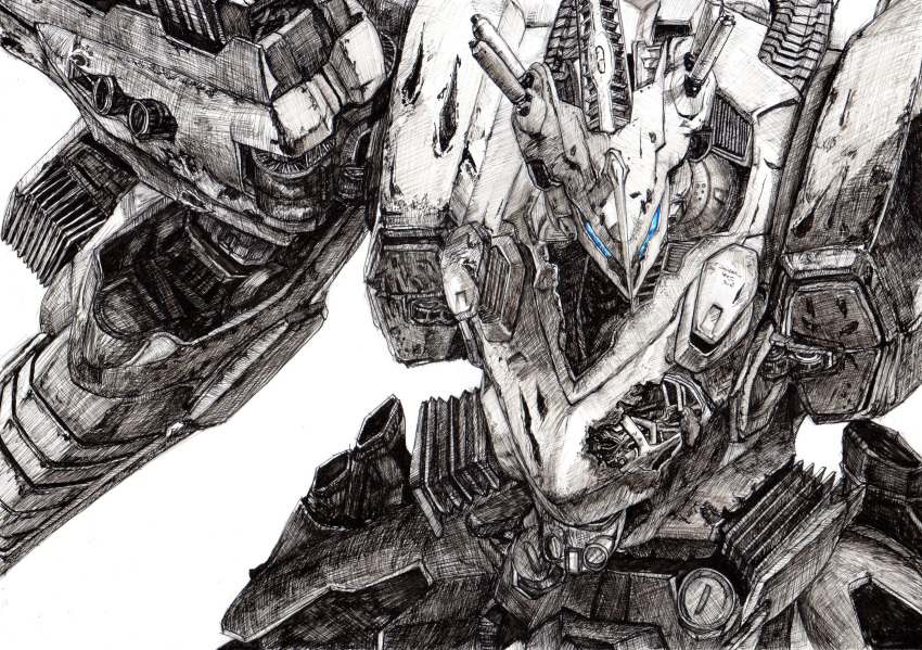 akira_(mydictionary), armored_core, armored_core:_for_answer, ballpoint_pen_(medium), glowing, glowing_eyes, highres, mecha