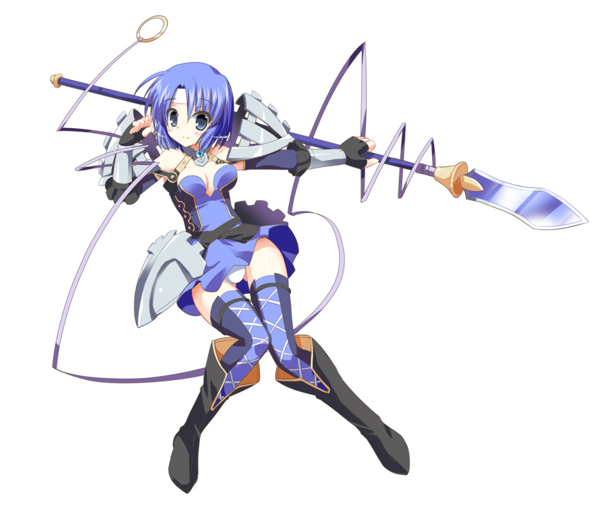 armor, bare_shoulders, blue_eyes, blue_hair, blush, boots, breasts, choker