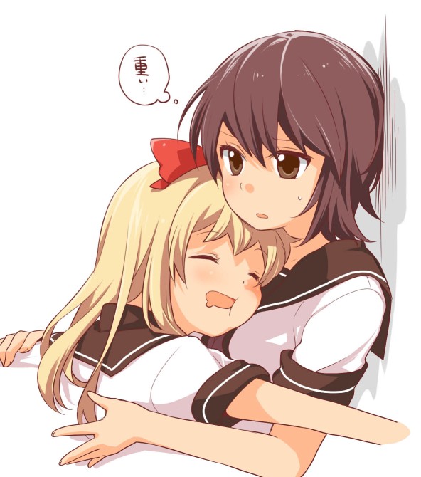 black_hair, blonde_hair, bow, drooling, funami_yui, hair_bow, long_hair, manishi_mari, multiple_girls, school_uniform, serafuku, short_hair, toshinou_kyouko, yuru_yuri