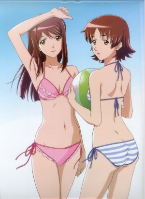 2girls, arm_up, armpits, ass, back, ball, beachball, bikini