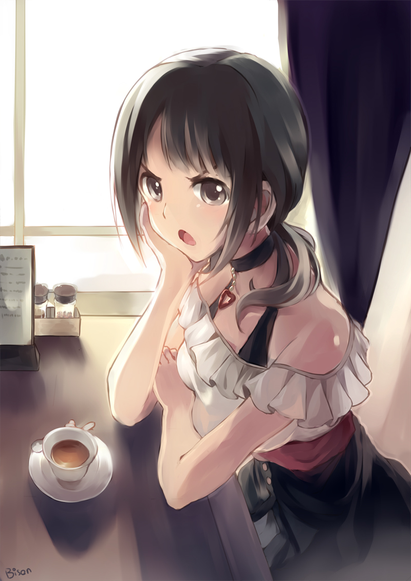>:o, artist_name, bare_shoulders, bisonbison, black_eyes, black_hair, chin_rest, cup, curtains, heart, heart_necklace, okita_sawa, saucer, sitting, solo, tari_tari, twintails, window