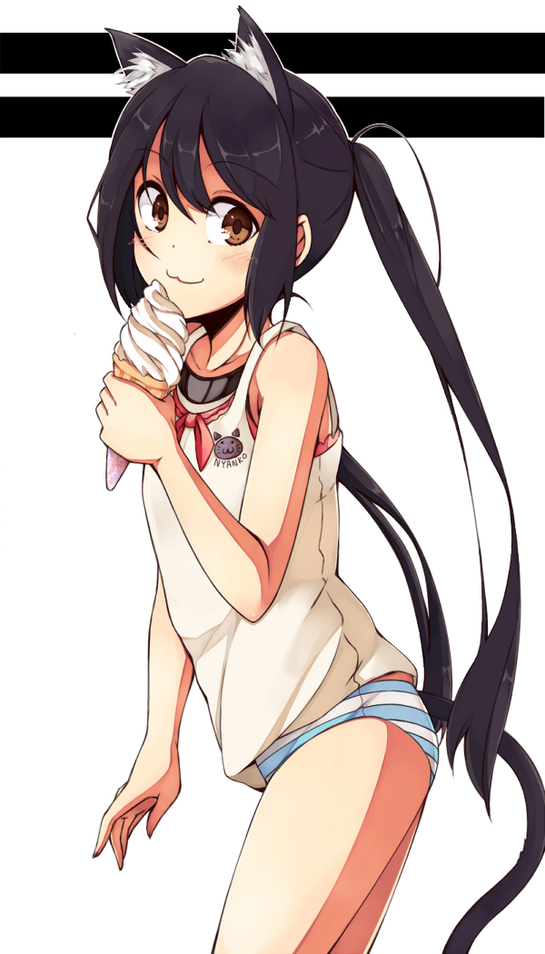 :3, animal_ears, black_hair, blush, brown_eyes, cat_ears, cat_tail, collarbone, food, holding, ice_cream, ice_cream_cone, k-on!, long_hair, looking_at_viewer, nakano_azusa, panties, solo, soto_miyako, striped, striped_panties, tail, tank_top, twintails, underwear