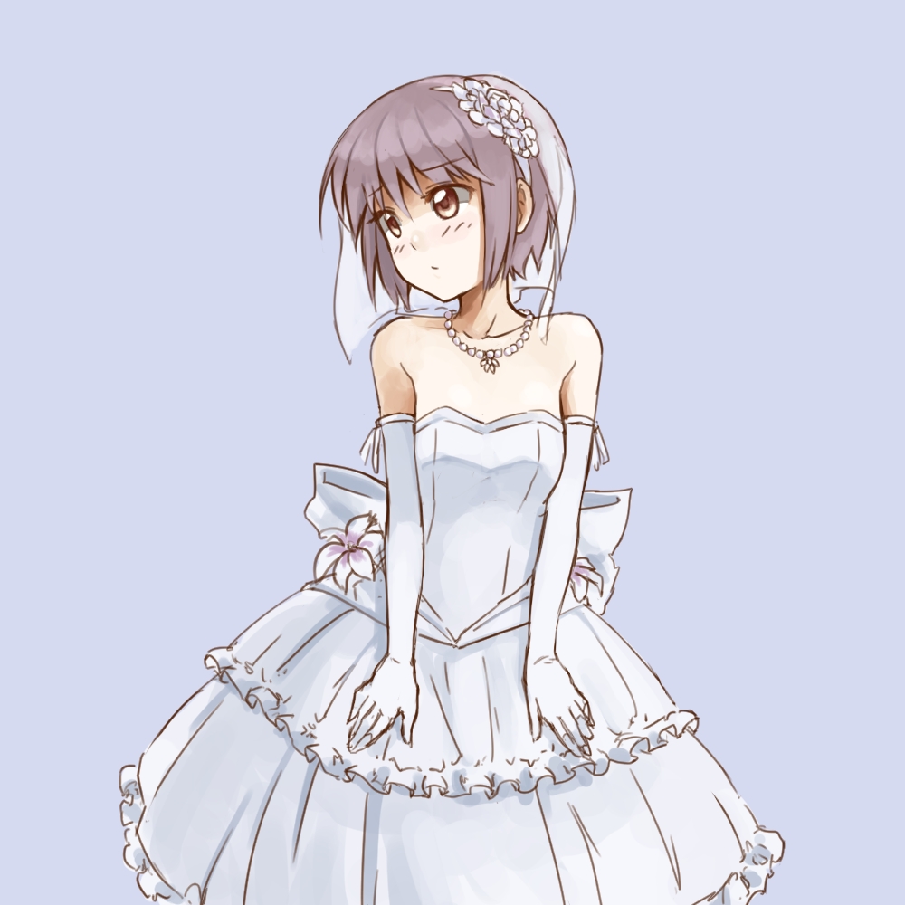 bare_shoulders, blush, bridal_veil, dress, elbow_gloves, frills, gloves, imageboard_colors, jewelry, nagato_yuki, necklace, pas_(paxiti), pearl_necklace, purple_hair, short_hair, simple_background, solo, strapless_dress, suzumiya_haruhi_no_yuuutsu, veil, wedding_dress, white_dress, white_gloves, yellow_eyes