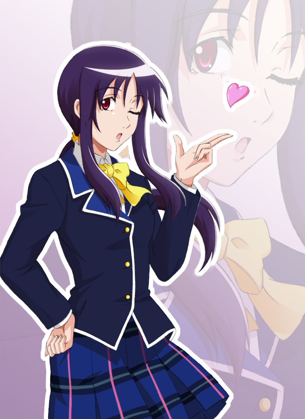 blow_kiss, blown_kiss, blue_hair, bow, hand_on_hip, heart, kiss, long_hair