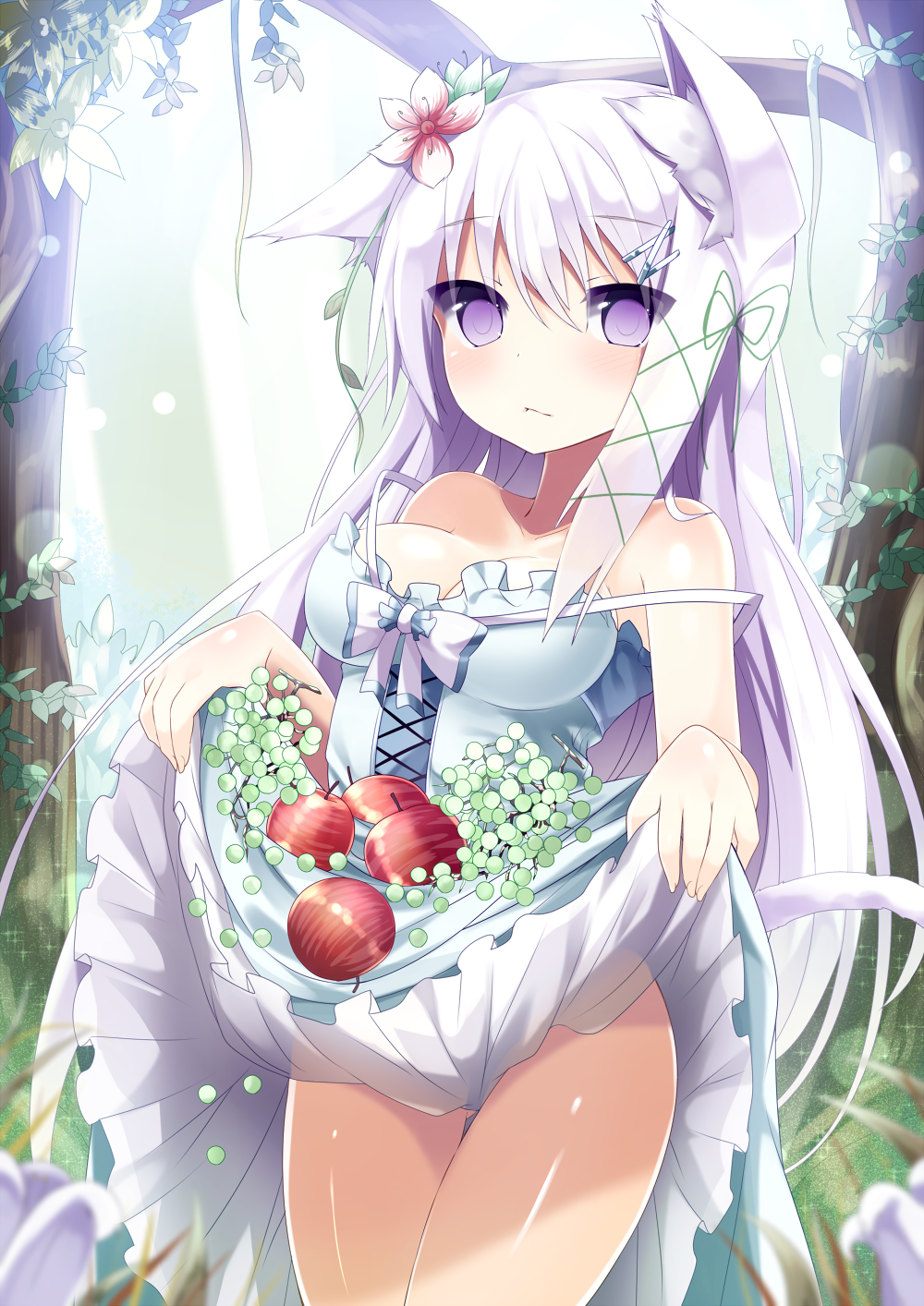 animal_ears, apple, blush, breasts, cat_ears, dress, flower, food