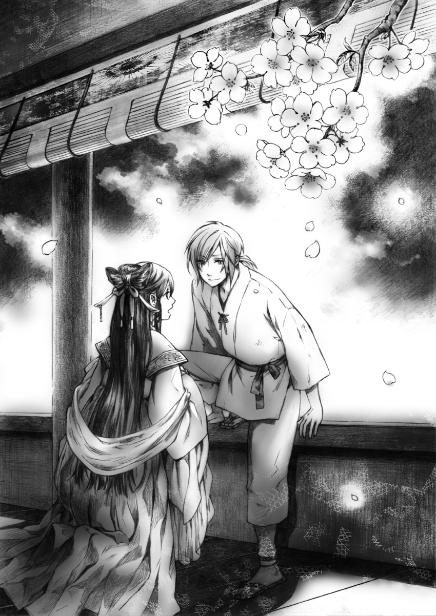 ataka, floiwer, flower, hair_ornament, highres, japanese_clothes, long_hair, monochrome, petals, ponytail, sonoe, usubeni_tennyo