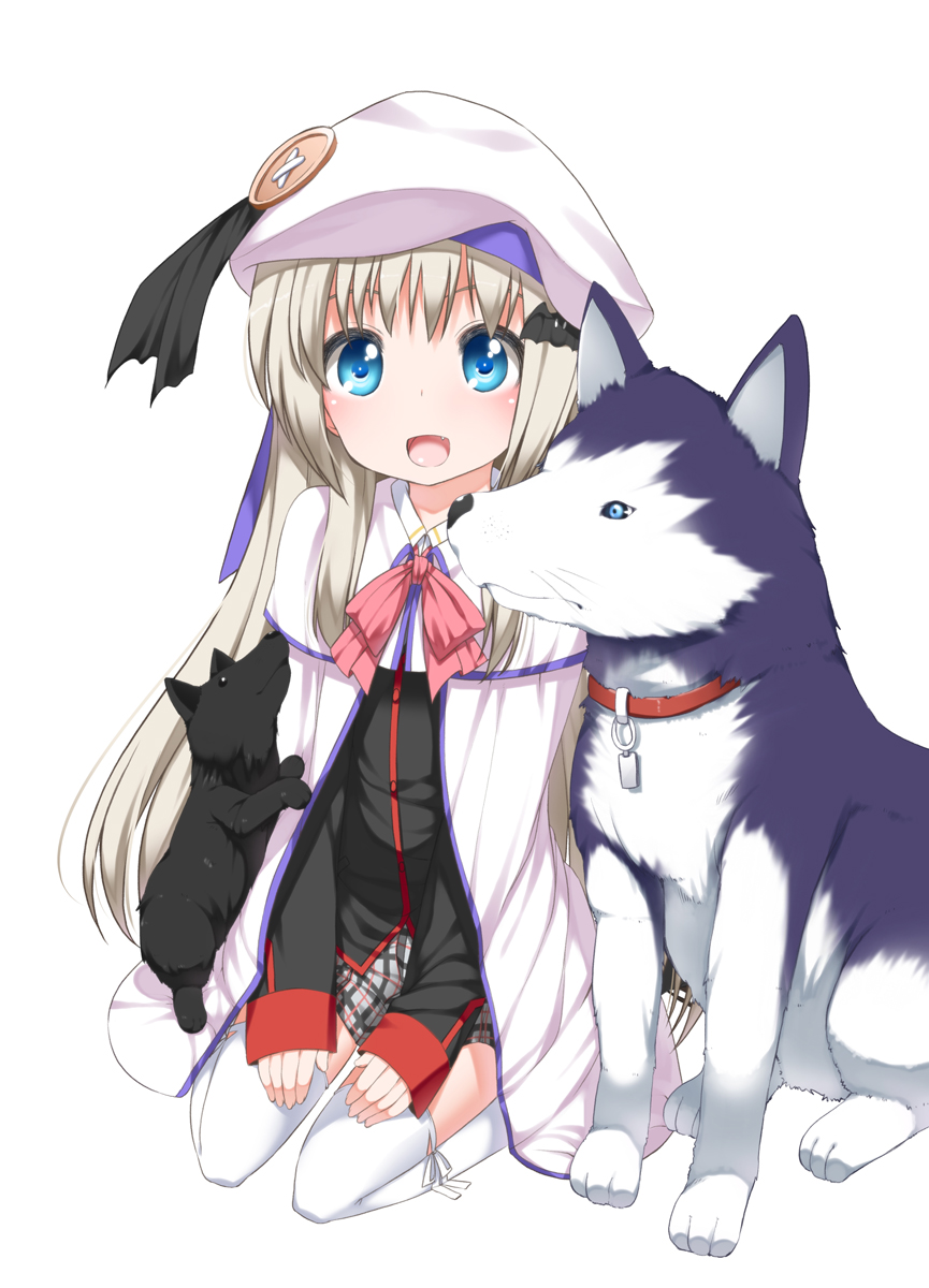 :d, belka, blue_eyes, blush, cape, dog, hat, highres