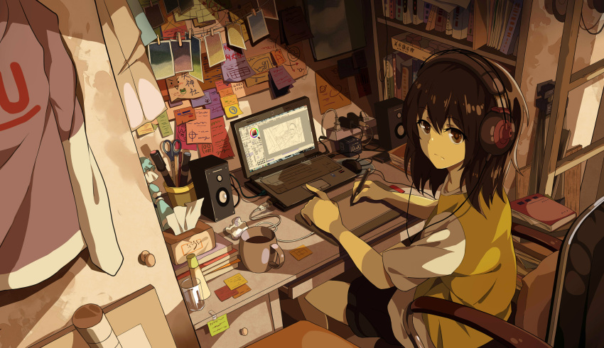 ⑨, black_hair, book, bookshelf, brown_eyes, chair, computer, computer_mouse