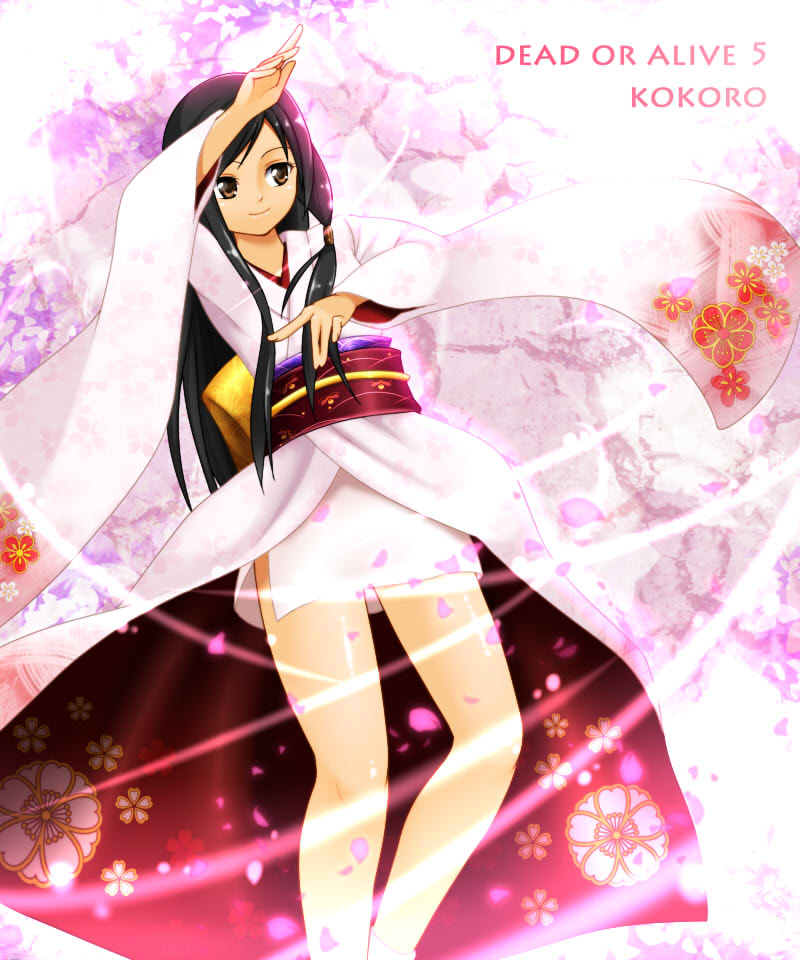 black_hair, brown_eyes, dead_or_alive, floral_print, japanese_clothes, kimono, kokoro_(doa), long_hair