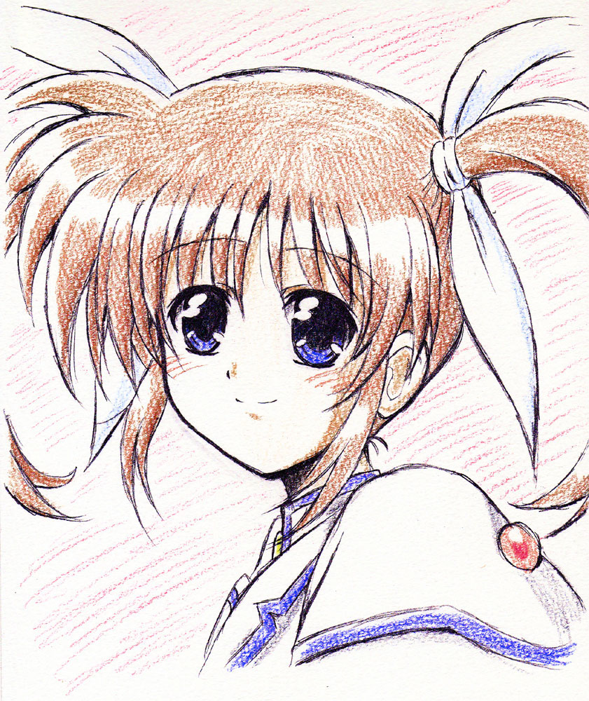 blush, brown_hair, bust, colored_pencil, hair_ribbon, knhp67, lyrical_nanoha, mahou_shoujo_lyrical_nanoha, pencil, puffy_sleeves, ribbon, short_twintails, smile, solo, takamachi_nanoha, traditional_media, twintails