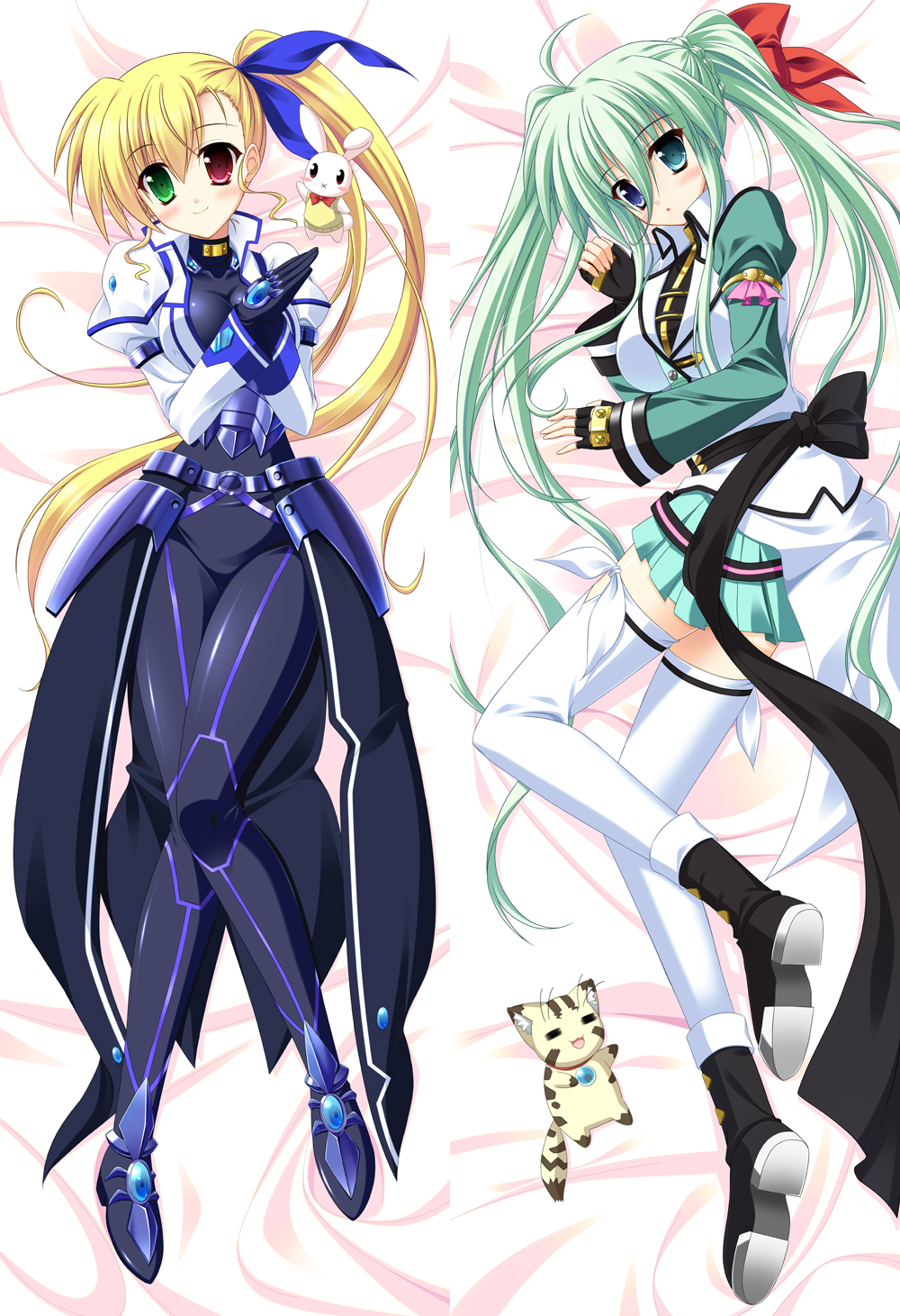 adult, armor, asteion, blodne_hair, blonde_hair, blush, breasts, dakimakura, einhart_stratos, endori, fingerless_gloves, gloves, green_eyes, green_hair, hair_ribbon, hands_clasped, heterochromia, highres, large_breasts, long_hair, long_sleeves, lyrical_nanoha, mahou_shoujo_lyrical_nanoha_vivid, multiple_girls, puffy_sleeves, purple_eyes, red_eyes, ribbon, sacred_heart, side_ponytail, skirt, smile, thigh-highs, thighhighs, twintails, very_long_hair, violet_eyes, vivio, white_legwear