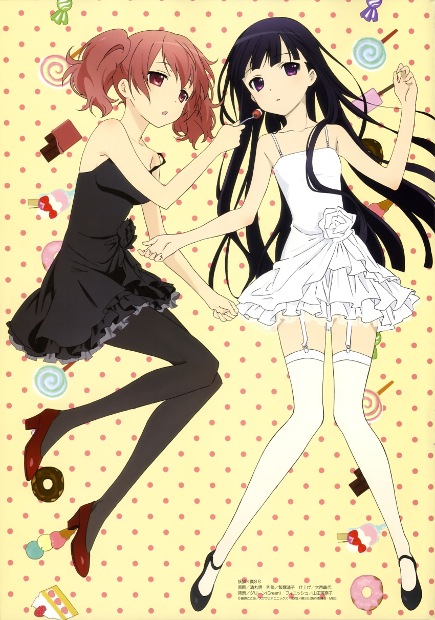 :o, absurdres, black_hair, food, full_body, garter_straps, high_heels, highres