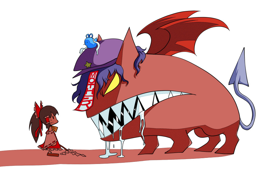 ascot, bird, bow, brown_hair, chibi, crossover, demon_tail, demon_wings