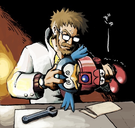 @_@, android, beard, beat_(rockman), bird, brown_hair, coramune, eddie_(rockman), facial_hair, glasses, labcoat, lowres, mikhail_sergeyevich_cossack, mustache, rockman, rockman_(classic), spiked_hair, spiky_hair, watch, wrench, wristwatch