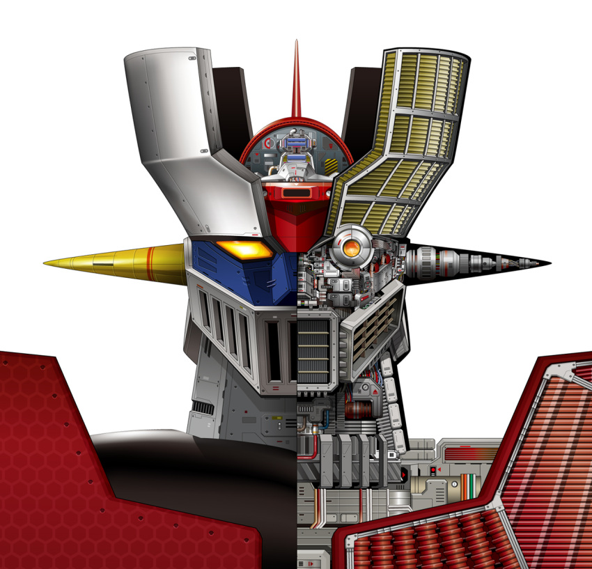 aircraft, bust, cokpit, cross-section, cross_section, dias-tajima, head, highres, mazinger_z, mazinger_z_(mecha), mecha, no_humans, oldschool, pilder, realistic, simple_background, solo, white_background