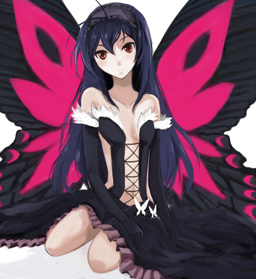 bare_shoulders, black_hair, butterfly_wings, elbow_gloves, gloves, highres, jyairo, kuroyukihime, long_hair, red_eyes, wings