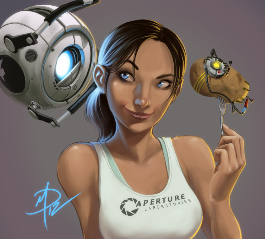 1girl, aperture_laboratories, bare_shoulders, black_hair, blue_eyes, breasts, chell, daniel_macgregor