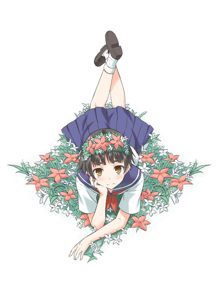 brown_hair, flower, hair_flower, hair_ornament, head_wreath, lowres, lying, mikaze_takashi