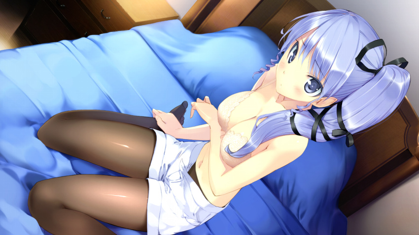 bed, black_legwear, blue_eyes, blue_hair, bra, breasts, cleavage, dutch_angle