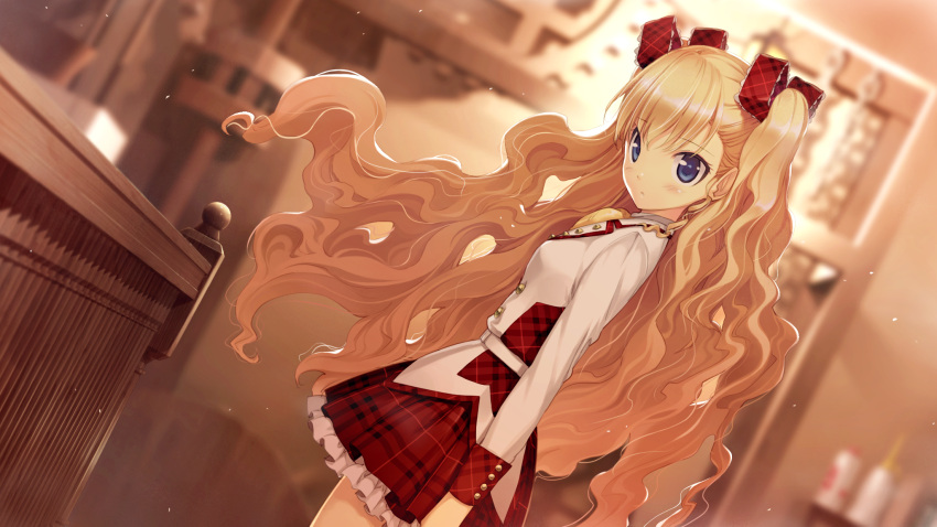 blazer, blonde_hair, dutch_angle, furumiya_elis, game_cg, hair_ribbon, highres, long_hair