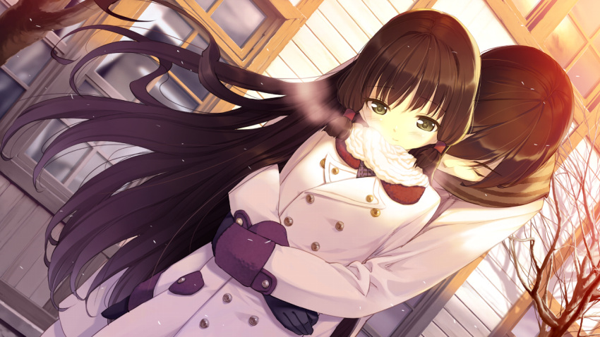1girl, bare_tree, breath, closed_eyes, coat, couple, dutch_angle, eyes_closed