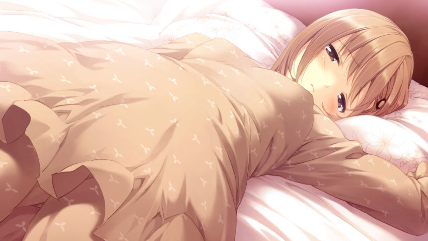 bed, blush, brown_hair, lying, nanatsu_no_fushigi_no_owaru_toki, on_bed, pajamas, pillow