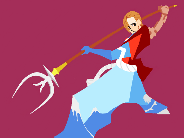 1boy, alternate_costume, black_eyes, blue_gloves, brown_hair, cosplay, drawr, fighting_stance, frown, gloves, gyakuten_saiban, hair_over_one_eye, hakama, holding, japanese_clothes, male, mismatched_gloves, mount_fuji, no_lineart, outorou_shingo, polearm, purple_background, sash, serious, simple_background, solo, spear, weapon