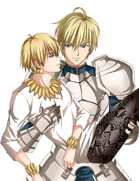 ahoge, armor, blonde_hair, bracelet, carrying, fate/prototype, fate/zero, fate_(series), gilgamesh, green_eyes, jewelry, male, multiple_boys, necklace, princess_carry, red_eyes, saber_(fate/prototype), snakeskin_print, yy_(yytomb)