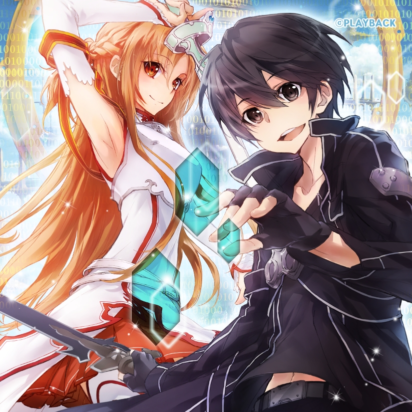 1girl, :d, arm_up, armpits, artist_name, asuna_(sao), black_eyes, black_hair