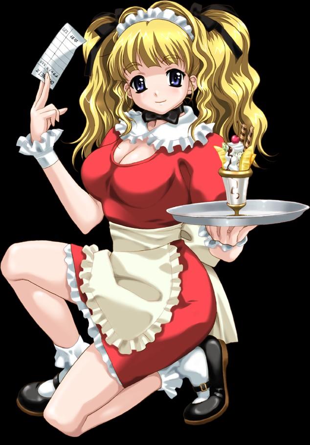 blush, boin, happoubi_jin, long_hair, tsukushino_mitsugu, twintails, waitress