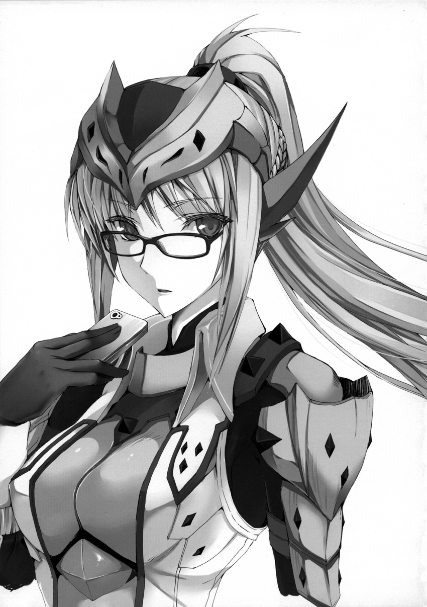 cellphone, glasses, highres, hipster, kizuki_aruchu, monster_hunter, phone, ponytail