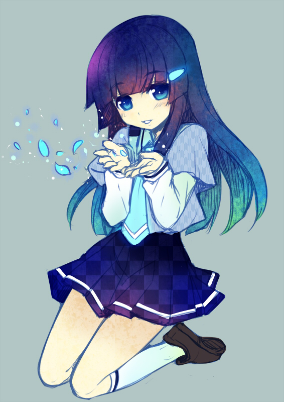 aoki_reika, blue_eyes, blue_hair, checkered, checkered_skirt, hair_ornament, hairclip, kamen_rider