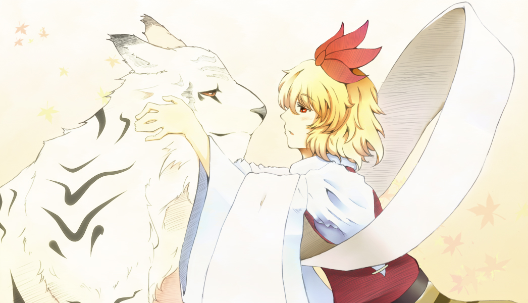 artist_request, autumn, blond, face_to_face, hair_ornament, headdress, k.shiraishi, red_eyes