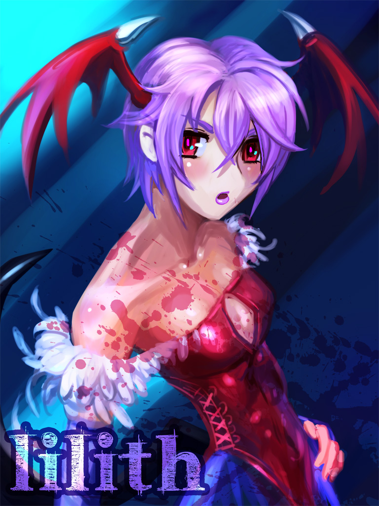 bare_shoulders, blood, blood_splatter, blue_legwear, character_name, cleavage_cutout, corset, demon_girl