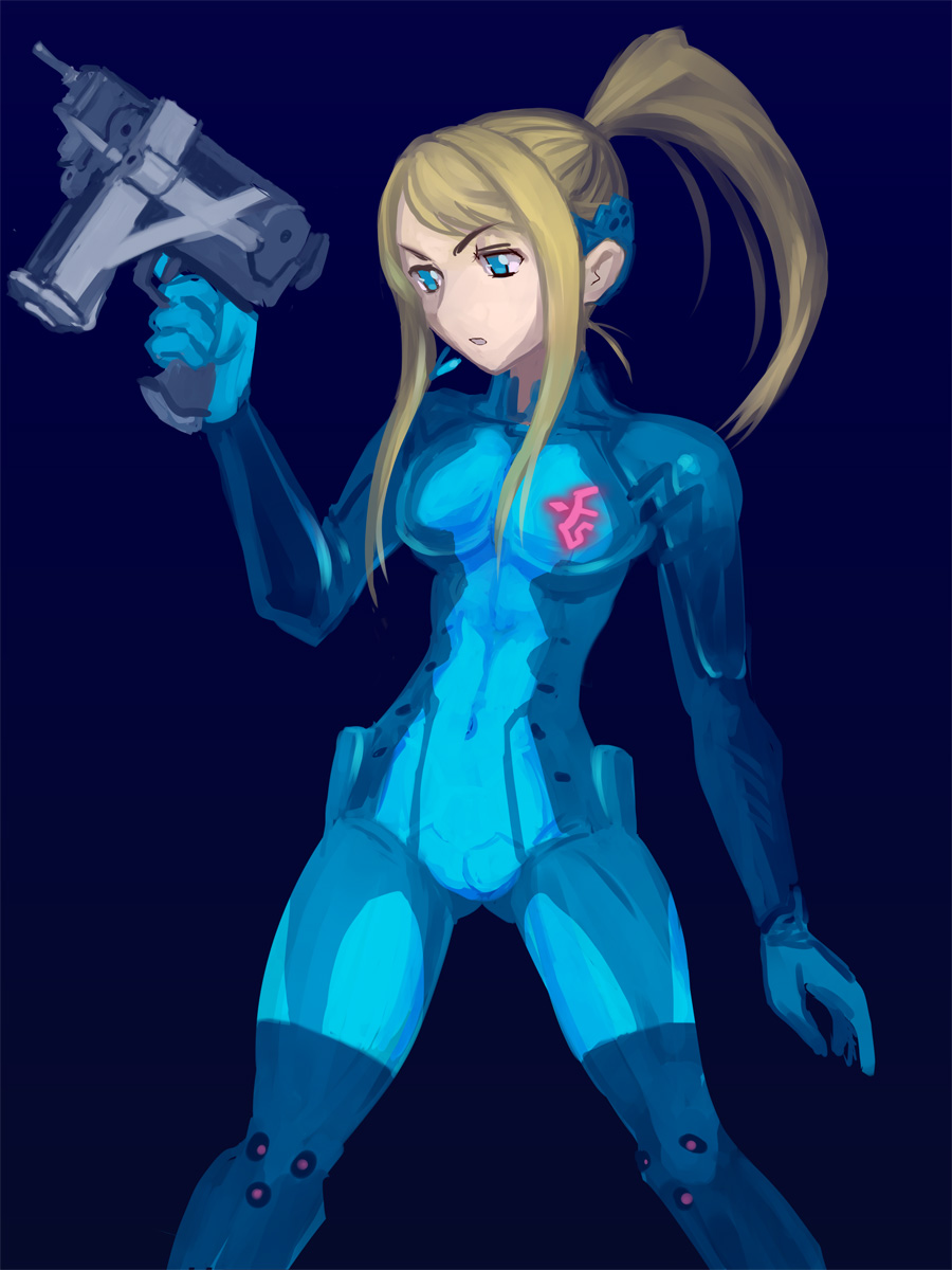blonde_hair, blue_eyes, bodysuit, breasts, female, gun, highres, long_hair