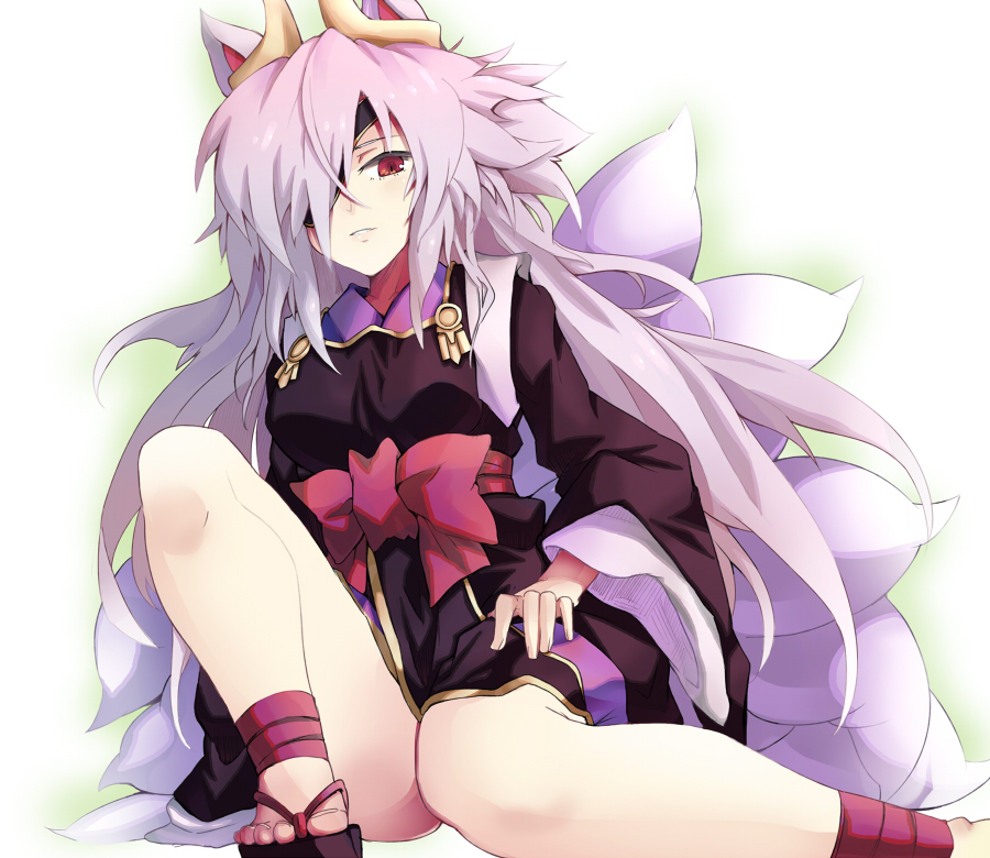 animal_ears, eyepatch, fox_ears, fox_tail, hair_ornament, japanese_clothes, kuon_(shinrabanshou), long_hair