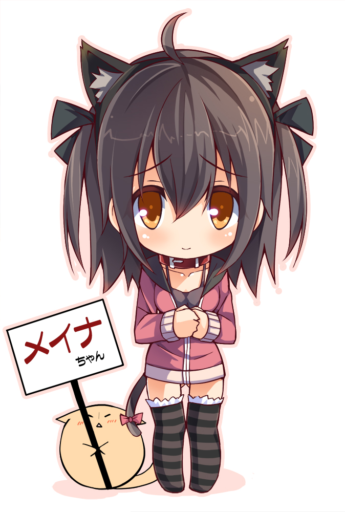 ahoge, animal_ears, black_hair, blush, brown_eyes, cat_ears, cat_tail, chibi
